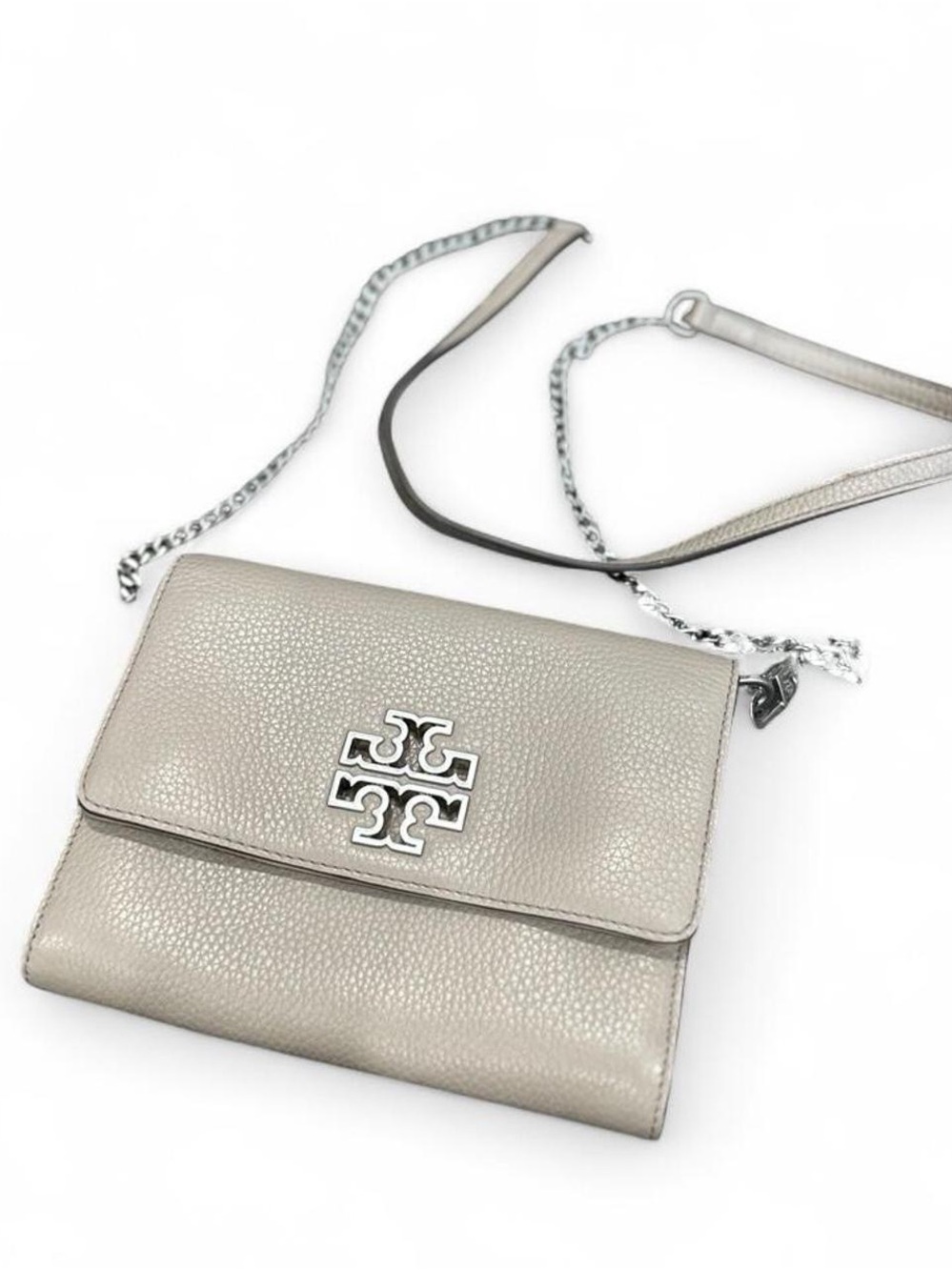 Tory Burch Pebbled Leather Crossbody in Taupe with Silver Hardware